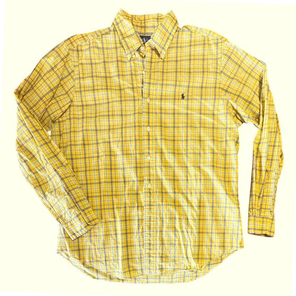 Ralph Lauren Shirt Mens L Classic Fit Yellow Plaid Cotton LS Button Down Polo